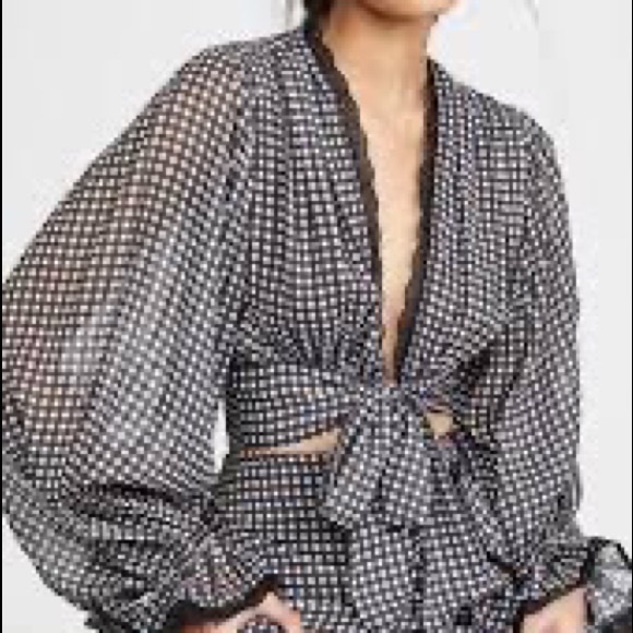 Gingham Front Tie Ruffle Sleeve Blouse in Black & White - Picture 5 of 5